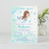 マーメイド誕生日招待状ティール（緑がかった色）とパープル 招待状 (スタンド正面)