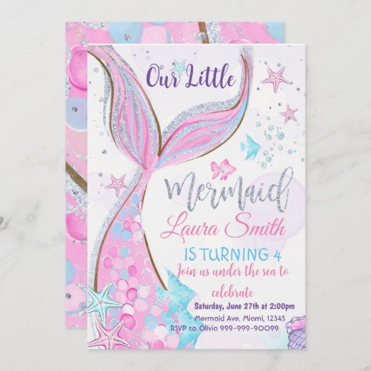 マーメイド誕生日招待状パーティーマーメイド 招待状 (正面/裏面)