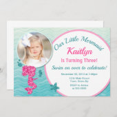 マーメイド誕生日招待状ピンクガールグリッター 招待状 (正面/裏面)