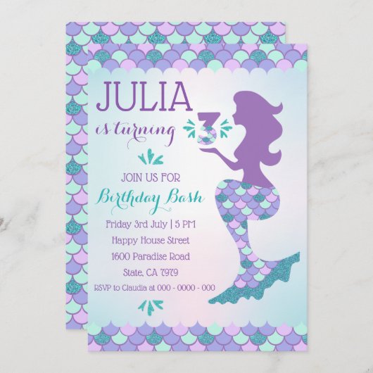 マーメイド誕生日招待状マーメイドナンバー3 招待状 (正面/裏面)