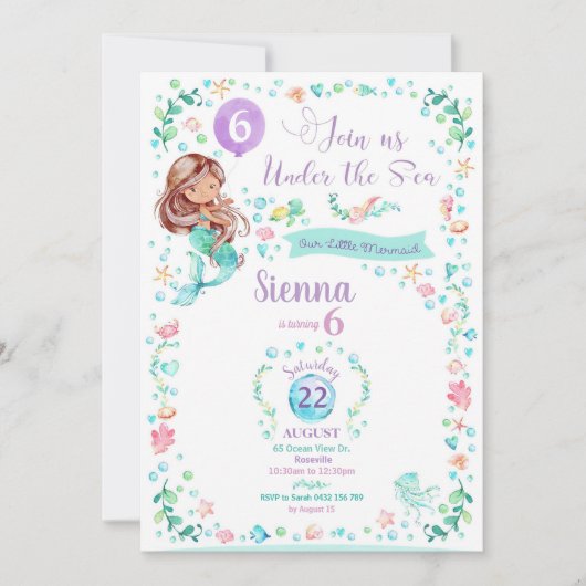 マーメイド誕生日招待状マーメイドパーティーダークタン 招待状 (正面)