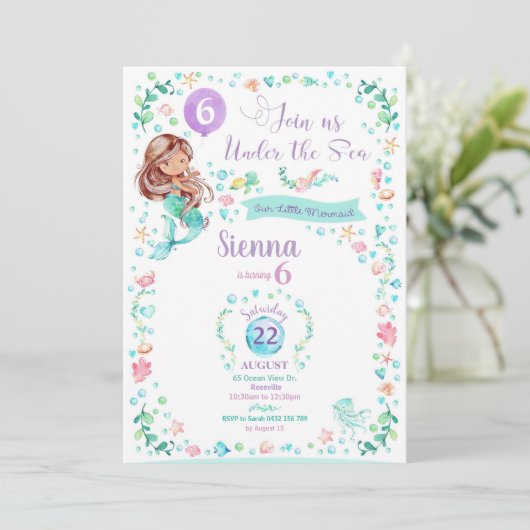 マーメイド誕生日招待状マーメイドパーティーダークタン 招待状 (スタンド正面)