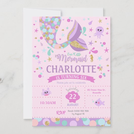 マーメイド誕生日招待状マーメイドパーティーピンク 招待状 (正面)