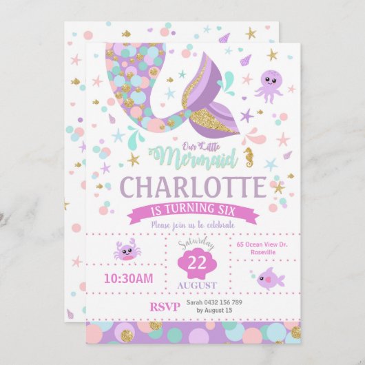 マーメイド誕生日招待状マーメイドプールパーティー 招待状 (正面/裏面)