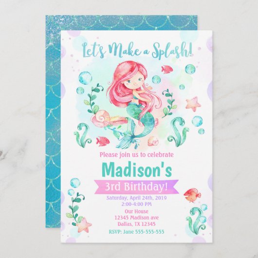 マーメイド誕生日招待状/アンダーザシーパーティー 招待状 (正面/裏面)