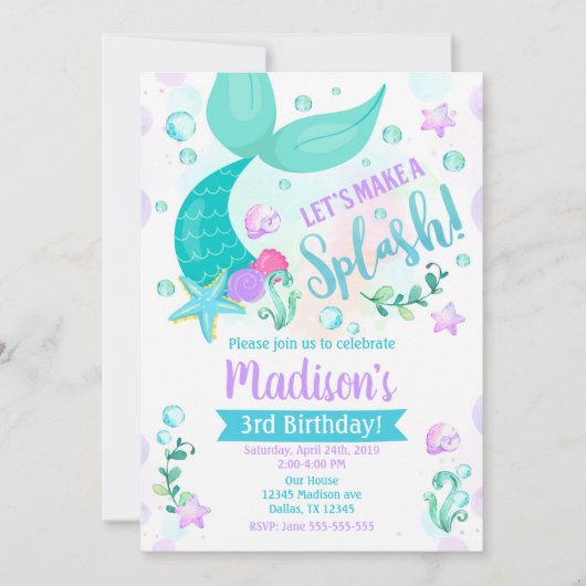 マーメイド誕生日招待状/スイミングプールパーティー 招待状 (正面)