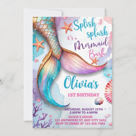 マーメイド誕生日招待状、マーメイドバッシュ招待状 招待状 (正面)