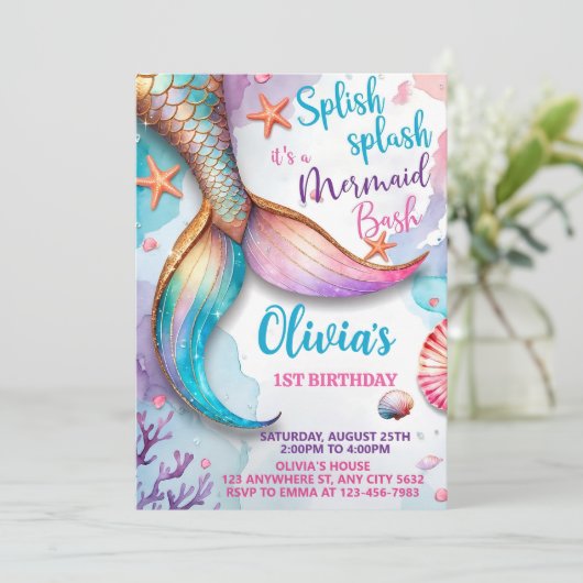 マーメイド誕生日招待状、マーメイドバッシュ招待状 招待状 (スタンド正面)