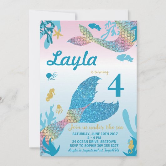 マーメイド誕生日招待状 招待状 (正面)