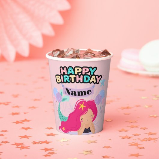 マーメイド誕生日紙プレートデザイン – 水中 紙コップ (インサイチュ)