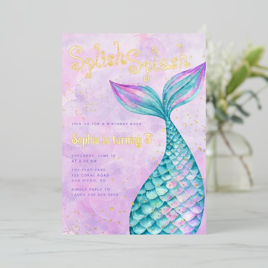 マーメイド誕生日 箔招待状 (立ち正面)