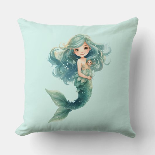 マーメイド赤ちゃんカラフルシャワークラゲ水彩 クッション (正面)