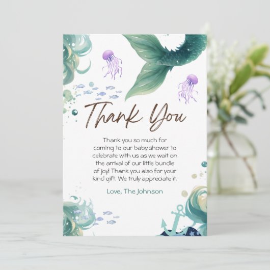 マーメイド赤ちゃんカラフルシャワークラゲ水彩 サンキューカード (スタンド正面)