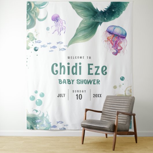 マーメイド赤ちゃんカラフルシャワークラゲ水彩 タペストリー (インサイチュ)