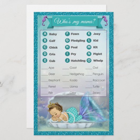 マーメイド赤ちゃんシャワー動物マッチゲーム#130 (正面/裏面)