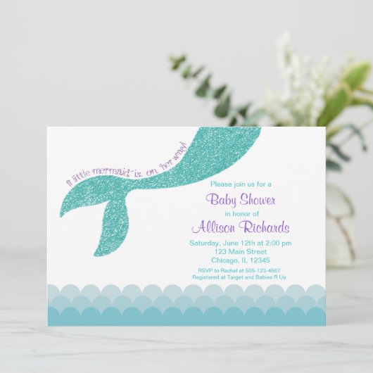 マーメイド赤ちゃんシャワー招待、ティール（緑がかった色）アクアパープル 招待状 (スタンド正面)