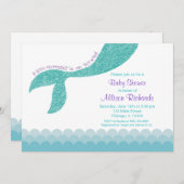 マーメイド赤ちゃんシャワー招待、ティール（緑がかった色）アクアパープル 招待状 (正面/裏面)