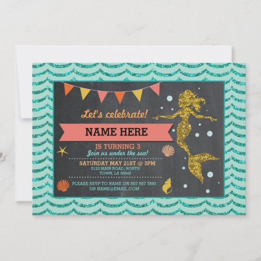マーメイド金ゴールドコーラルグリッター招待状 招待状 (正面)