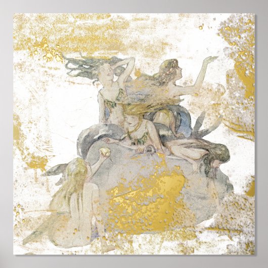 マーメイド金ゴールドシルバー動揺してヴィンテージファンタジー海 箔ポスター (正面)