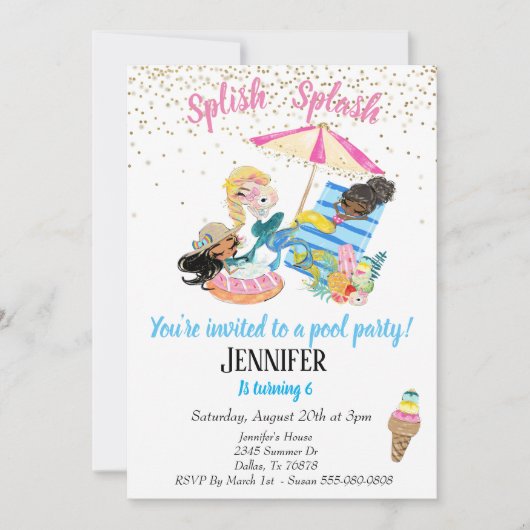 マーメイド金ゴールド紙吹雪プールパーティー誕生日 招待状 (正面)