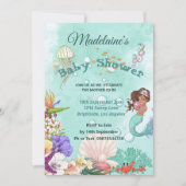 マーメイド黒髪の赤ちゃんシャワーかわいい緑 招待状 (正面)