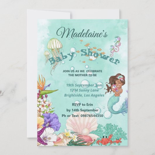 マーメイド黒髪の赤ちゃんシャワーかわいい緑 招待状 (正面)