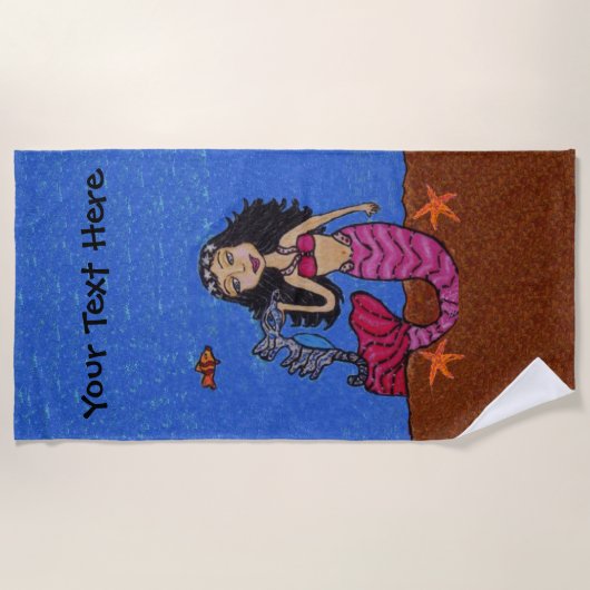 マーメイド黒髪ピンクテールシーホースヒトデ ビーチタオル (正面)