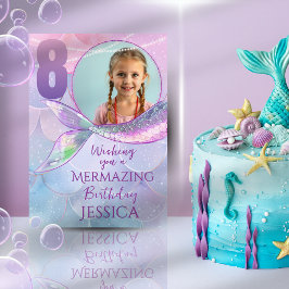 マーメイド1枚写真入り8歳の誕生日カード カード