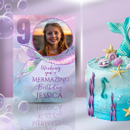 マーメイド1枚写真入り9歳の誕生日カード カード