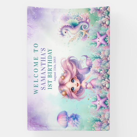 マーメイド1歳の誕生日ザシーパープルティール（緑がかった色） 横断幕 (縦)