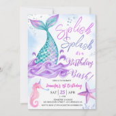 マーメイド1歳の誕生日「スプラッシュ」ピンクパープル 招待状 (正面)