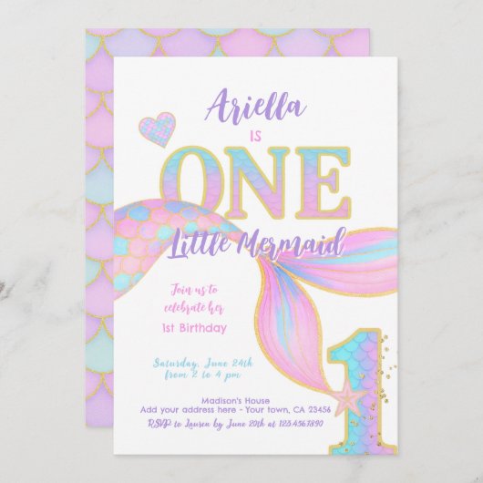 マーメイド1歳の誕生日 招待状 (正面/裏面)