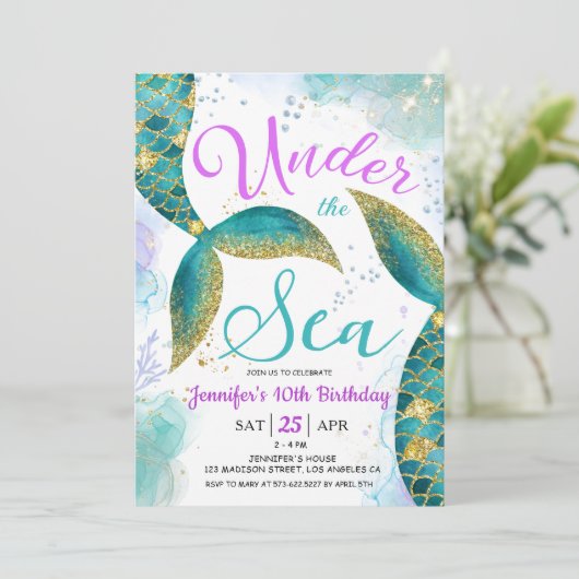 マーメイド10誕生日パープルティール（緑がかった色）ザシー 招待状 (スタンド正面)