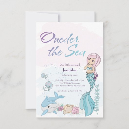 マーメイド1st女の子の誕生日パーティーワンダーザシー 招待状 (正面)