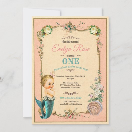 マーメイド1st誕生日の招待ピンク 招待状 (正面)