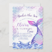 マーメイド1st誕生日パーティーかわいいピンクブルー海 招待状 (正面)