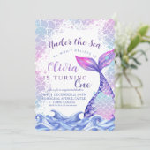 マーメイド1st誕生日パーティーかわいいピンクブルー海 招待状 (スタンド正面)