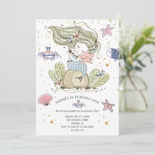 マーメイド1st誕生日パーティーグリーン招待状 招待状 (スタンド正面)