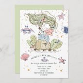マーメイド1st誕生日パーティーグリーン招待状 招待状 (正面/裏面)