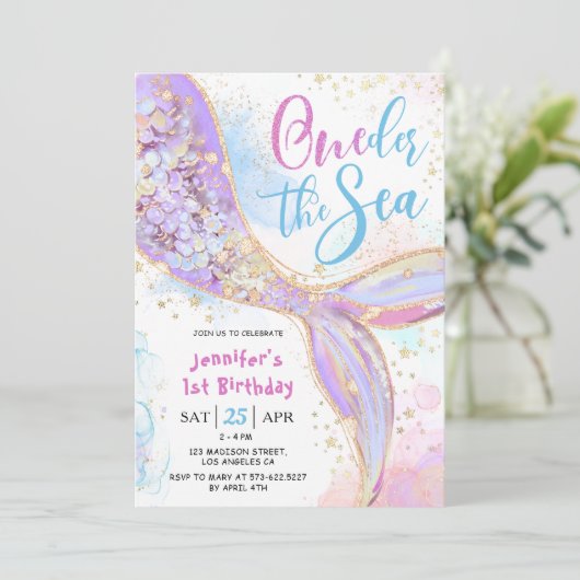 マーメイド1st誕生日パーティーパープルオンダーザシー 招待状 (スタンド正面)