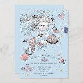 マーメイド1st誕生日パーティーブルー招待状 招待状 (正面/裏面)