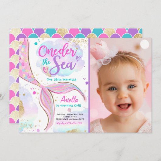 マーメイド1st誕生日パーティーワンダーザシーマーメイド 招待状 (正面/裏面)