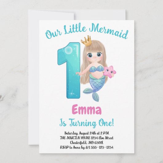 マーメイド1st誕生日パーティー 招待状 (正面)