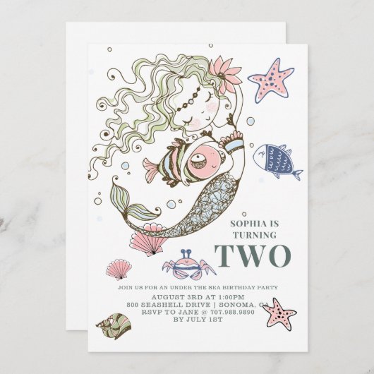 マーメイド2nd誕生日パーティの招待状 招待状 (正面/裏面)