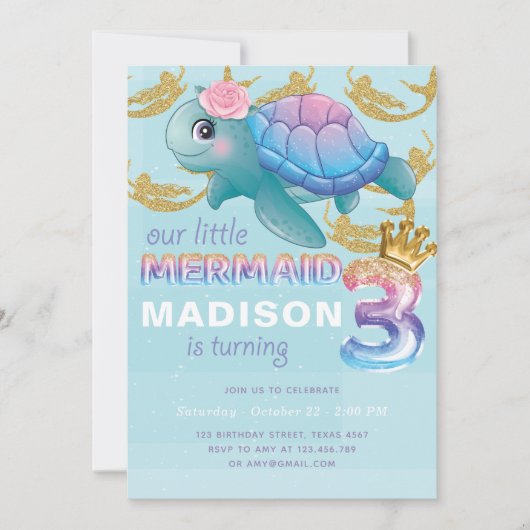 マーメイド3rdバースデーピンクブルー金ゴールドグリッター 招待状 (正面)