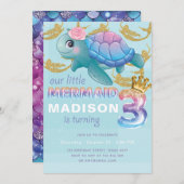 マーメイド3rdバースデーピンクブルー金ゴールドグリッター 招待状 (正面/裏面)