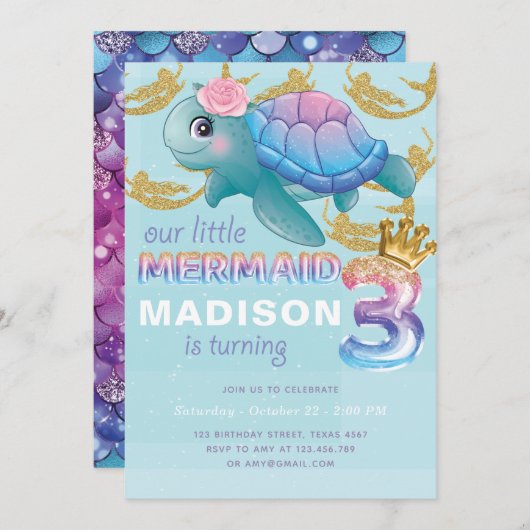 マーメイド3rdバースデーピンクブルー金ゴールドグリッター 招待状 (正面/裏面)