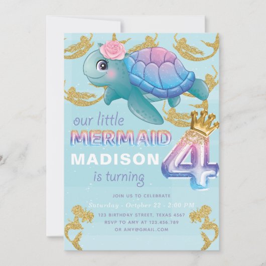 マーメイド4thバースデーピンクブルー金ゴールドグリッター 招待状 (正面)