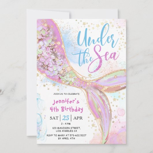マーメイド4th誕生日パーティーピンク・アンダーザシー 招待状 (正面)