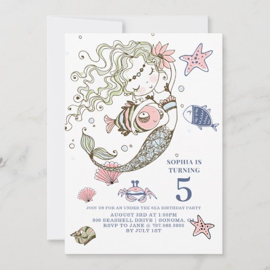 マーメイド5th誕生日パーティーへの招待 招待状 (正面)